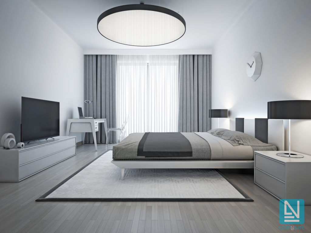 Habitación moderna combinar cortinas visillo con cortina opaca