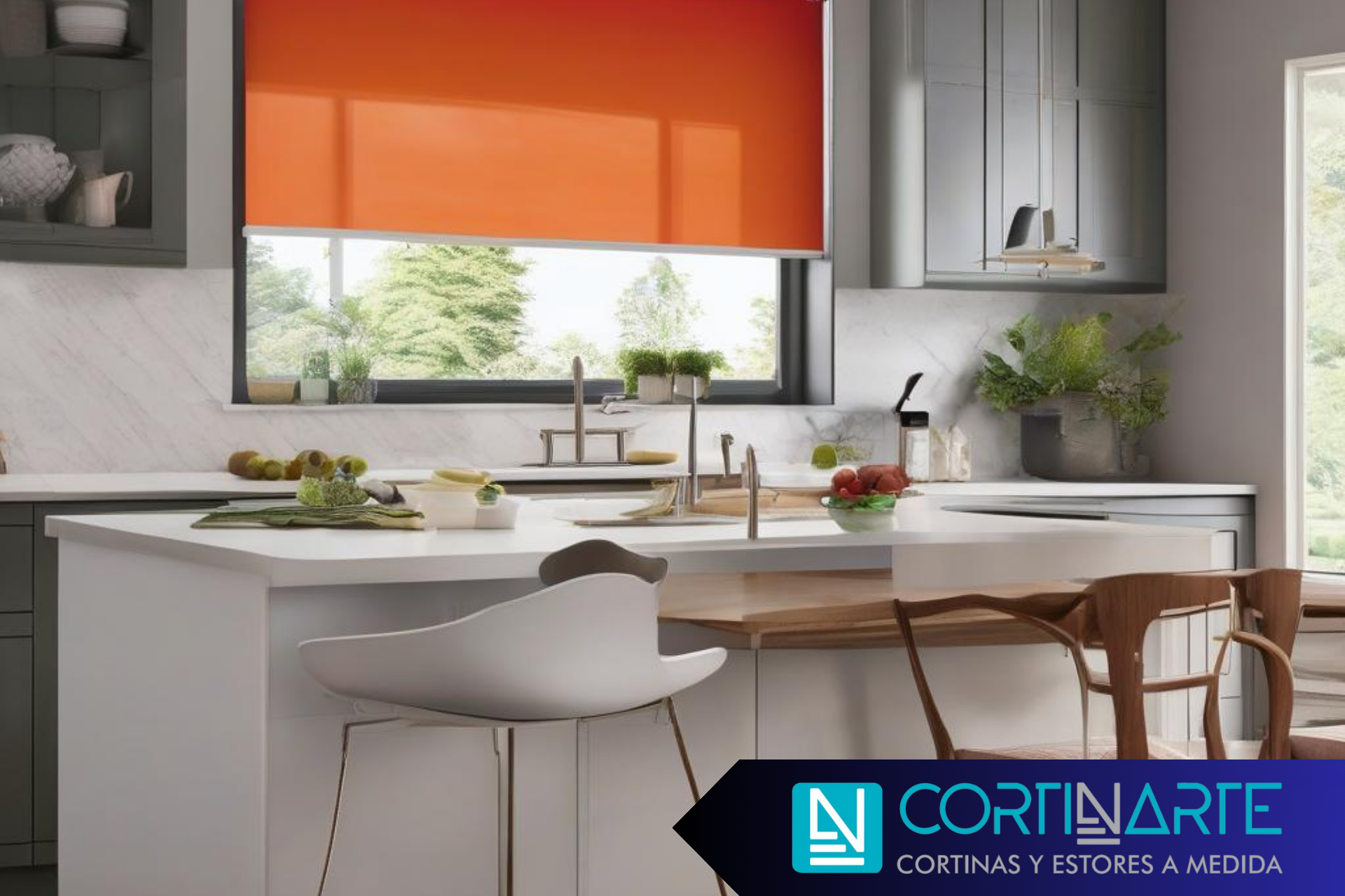 Estores enrollables minimalistas en interiorismo naranja