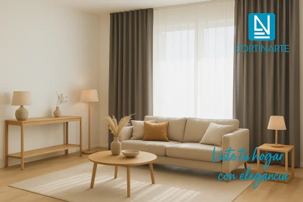 Salón con cortinas dobles a medida en tonos neutros