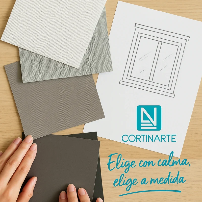 Muestras de tejidos para estores enrollables y simulación de ventana