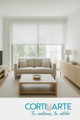 Salón moderno con estores screen blancos de apertura 3%
