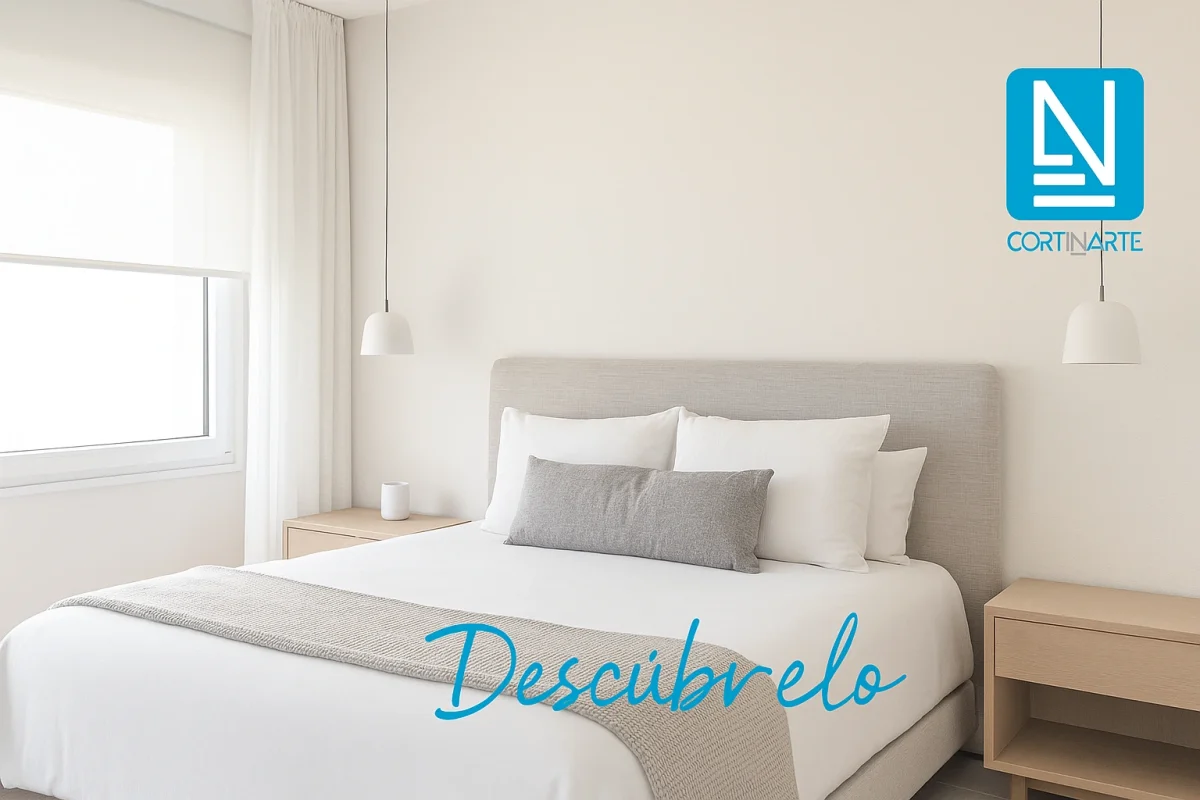 Dormitorio moderno con estor y visillo decorativo