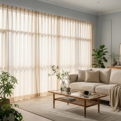 Salón luminoso con cortinas translúcidas de Cortinarte