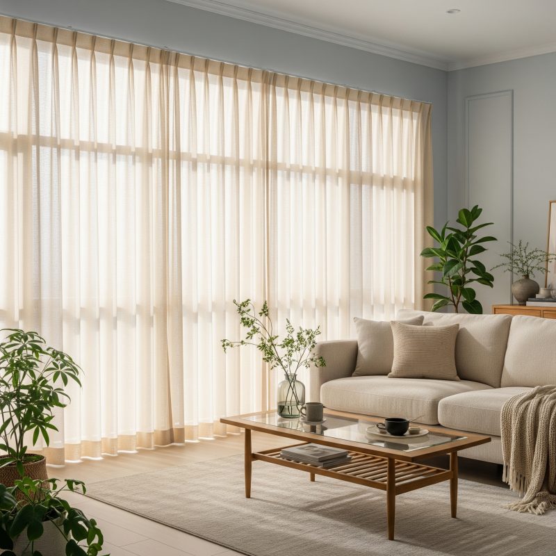 Salón luminoso con cortinas translúcidas de Cortinarte