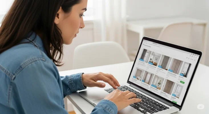 Persona consultando Cortinarte desde su laptop, comparando cortinas en una web segura y con valoraciones