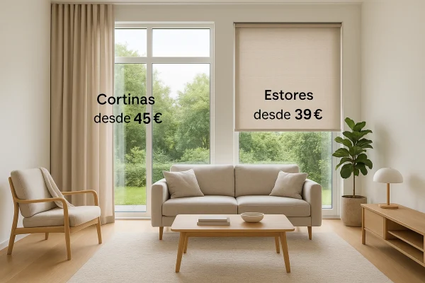 Comparativa visual entre cortinas y estores con precios estimados en un salón moderno.