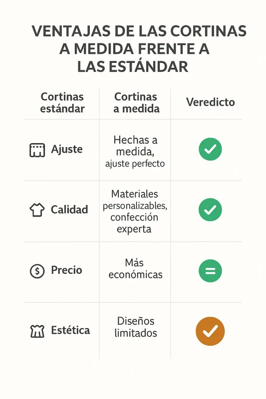Infografía comparativa entre cortinas estándar y cortinas a medida con ventajas y desventajas.