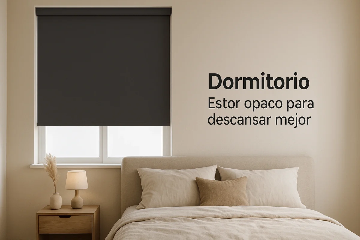 Estor opaco gris en dormitorio cálido y tranquilo.