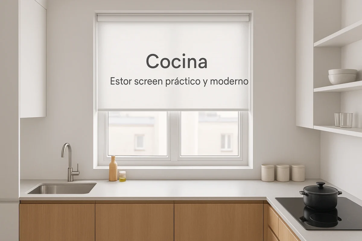 Estor blanco en cocina funcional y moderna.