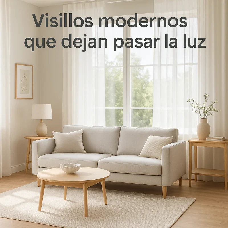 Salón moderno con visillos blancos que dejan pasar la luz natural.