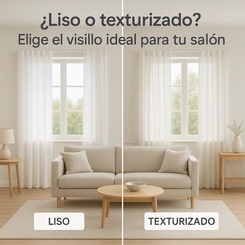 Comparativa de visillos lisos y texturizados en salón moderno