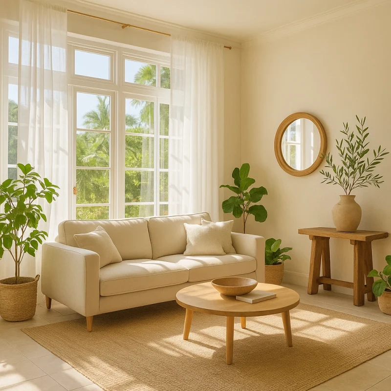Visillos blancos en un salón de verano con luz natural