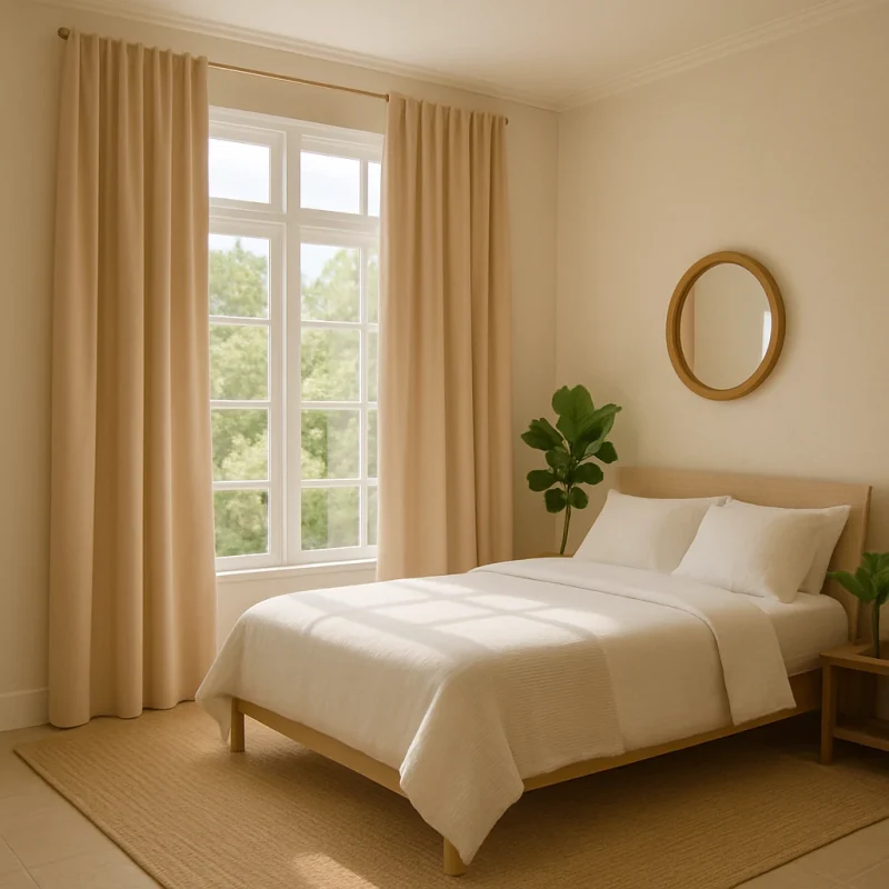 Dormitorio con cortinas opacas beige para proteger del sol