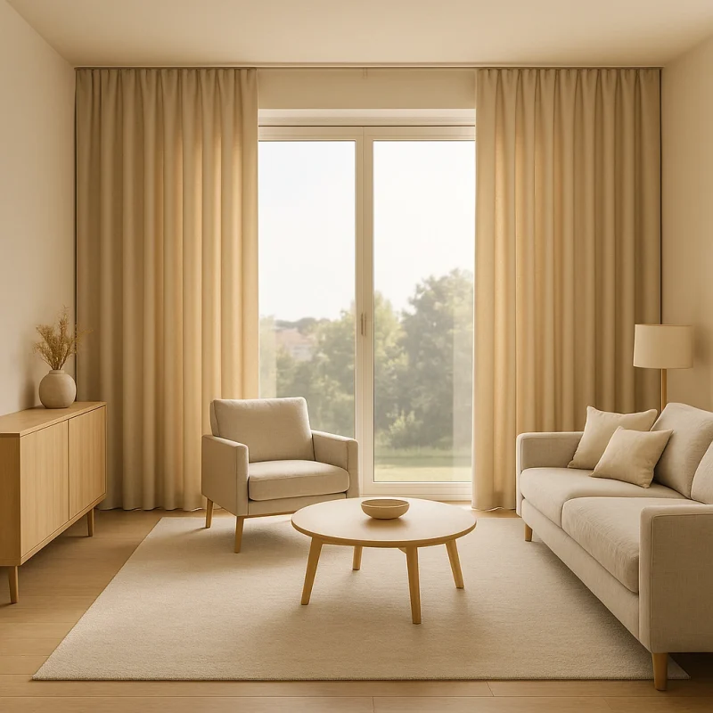 Cortinas opacas claras protegiendo del sol en salón