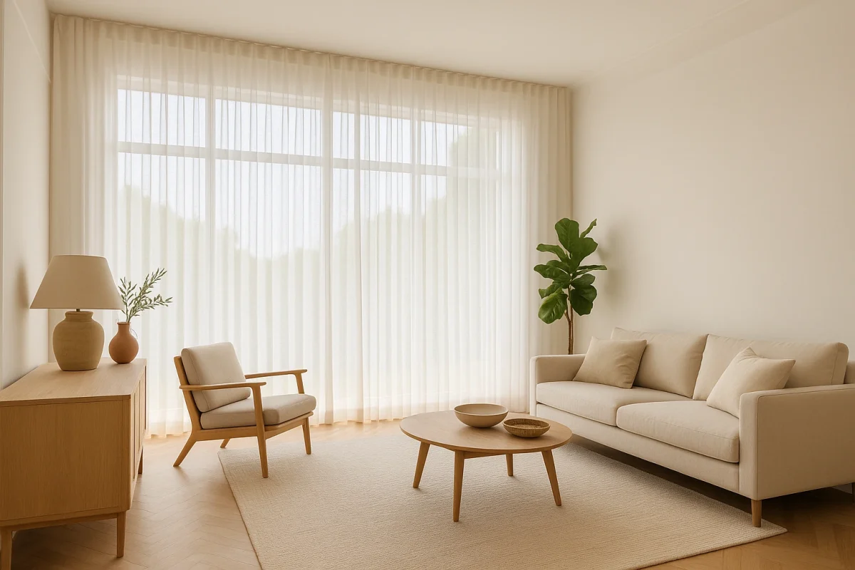 Visillos blancos en salón con ventanales grandes