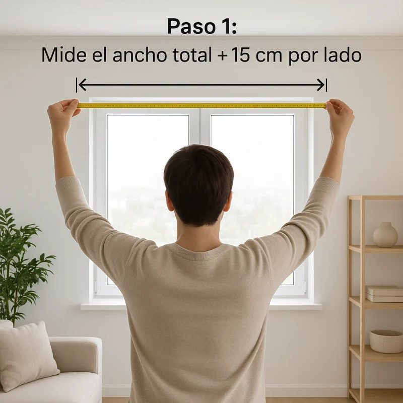 Persona midiendo el ancho de una ventana para instalar cortinas, con indicación gráfica del margen lateral adicional.