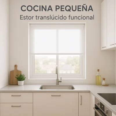 Estor enrollable blanco en una cocina pequeña y luminosa