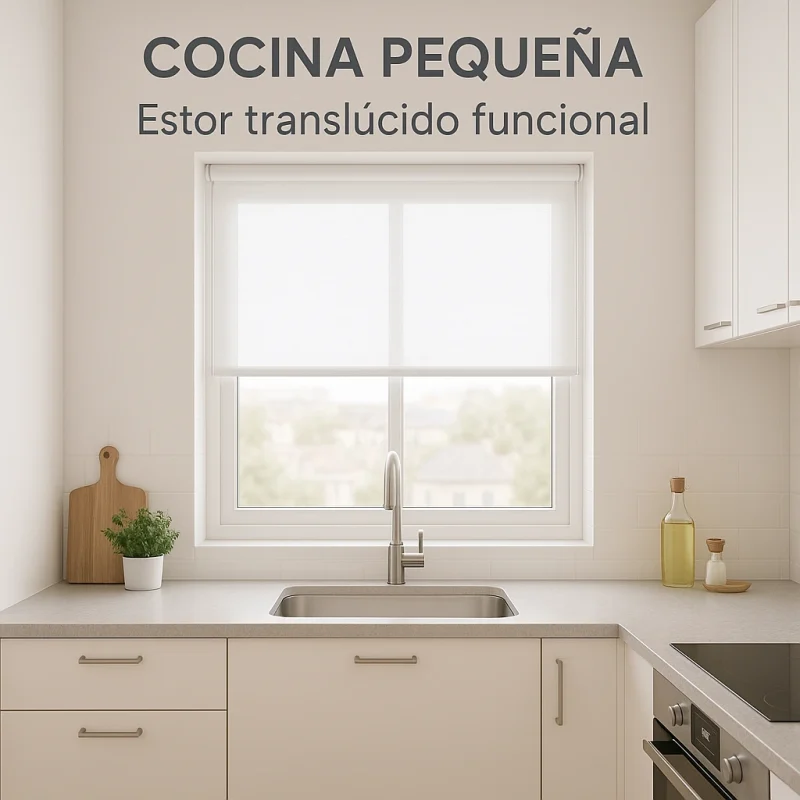 Estor enrollable blanco en una cocina pequeña y luminosa