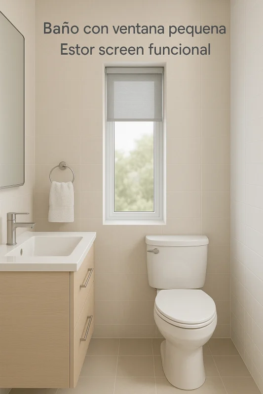 Baño pequeño con estor screen en ventana estrecha
