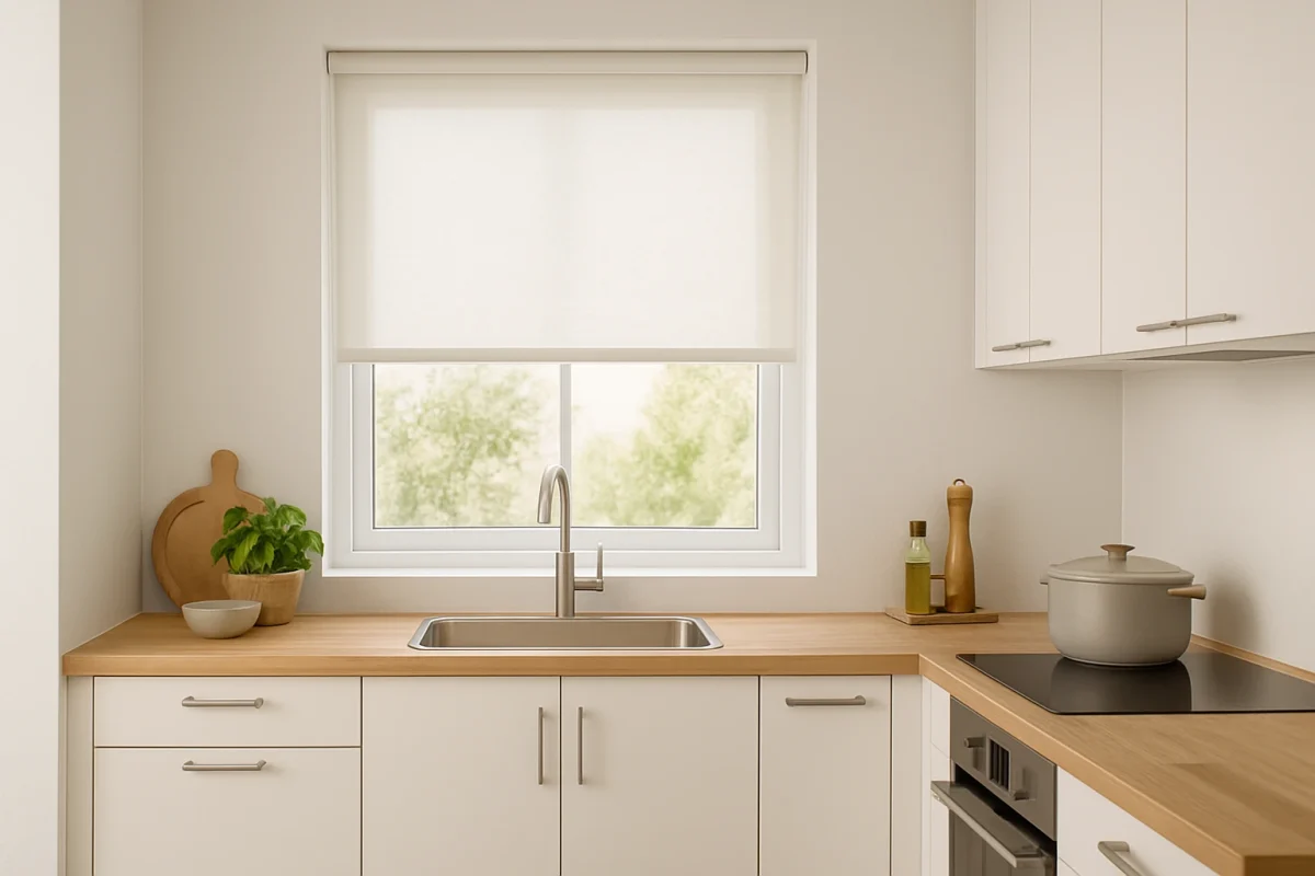 Cocina blanca con estor filtrante en ventana sobre fregadero