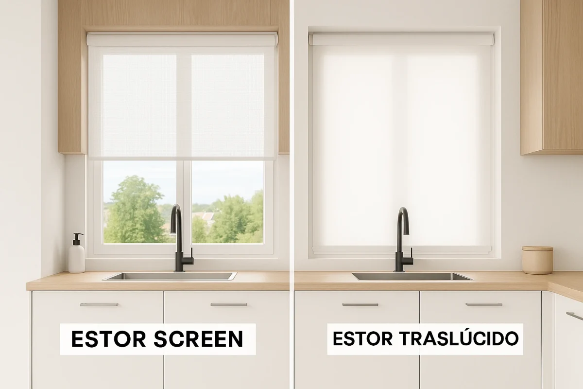 Cocina contemporánea con estor traslúcido en ventana
