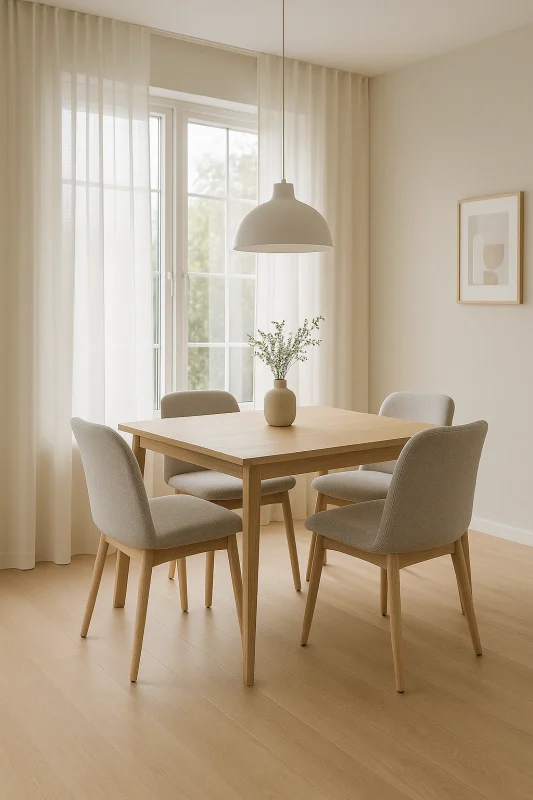Salón moderno con visillos beige y decoración contemporánea