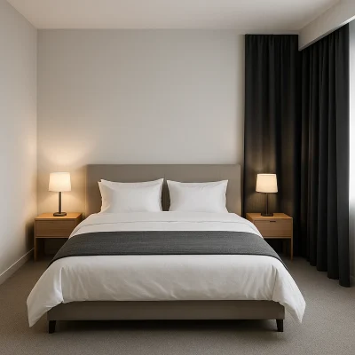 Dormitorio moderno con cortina opaca gris que bloquea la luz