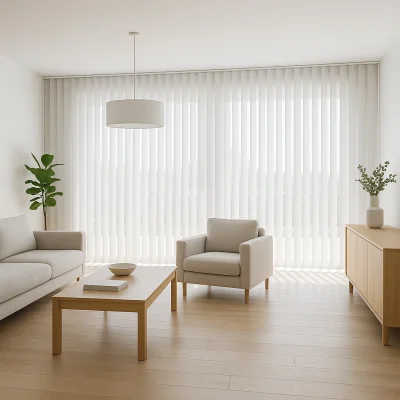 Cortinas de lamas verticales blancas en salón moderno con ventanales grandes