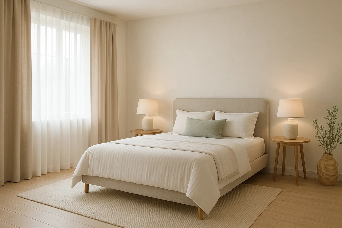 Cortinas opacas y visillos combinados en dormitorio moderno