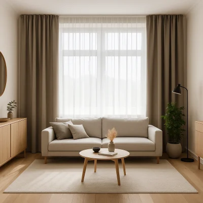 Salón elegante con cortinas opacas beige combinadas con visillos blancos