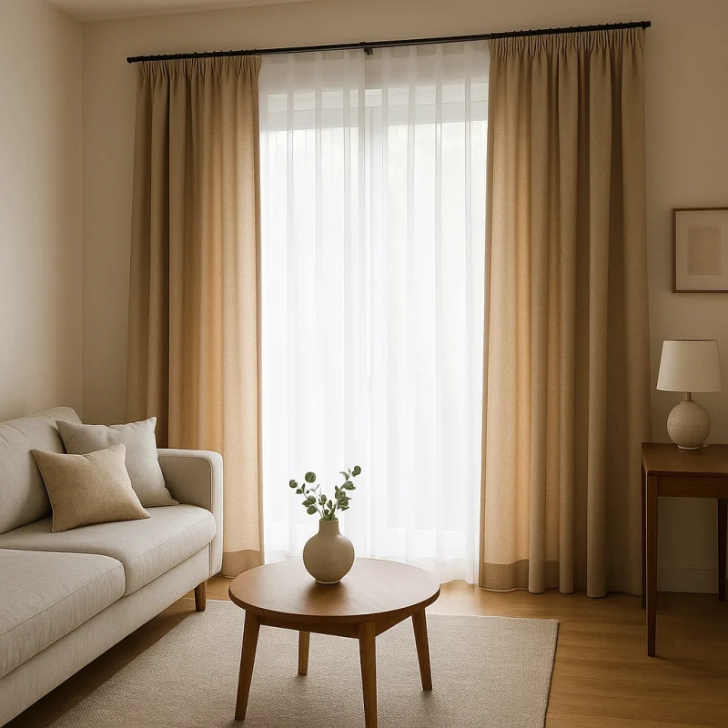 Doble cortina en salón moderno con visillo y decorativa