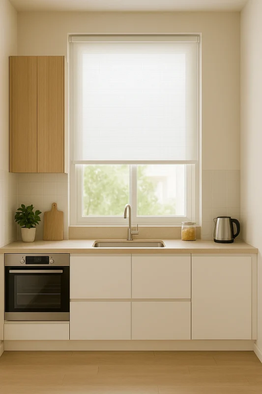Estor enrollable blanco en cocina pequeña moderna con luz natural