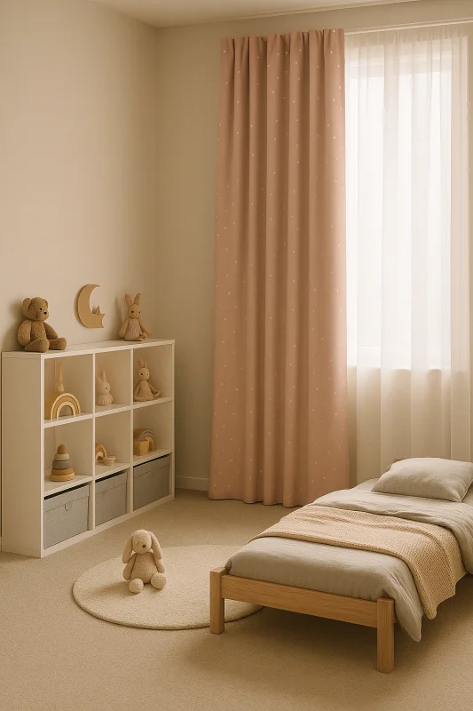 Habitación infantil con cortinas opacas de colores suaves