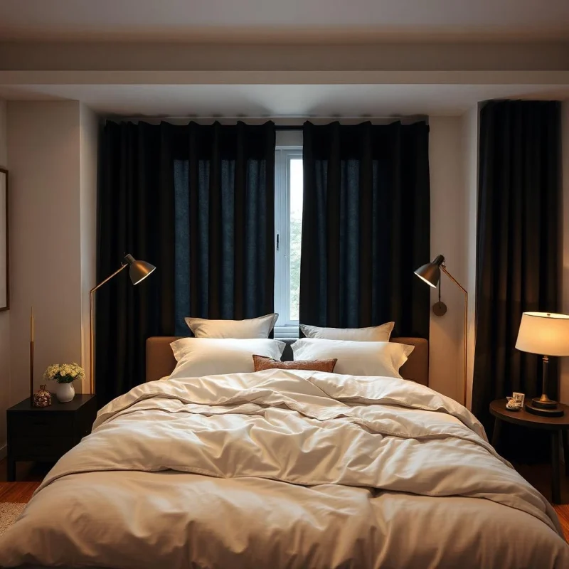 Dormitorio con cortinas opacas blackout