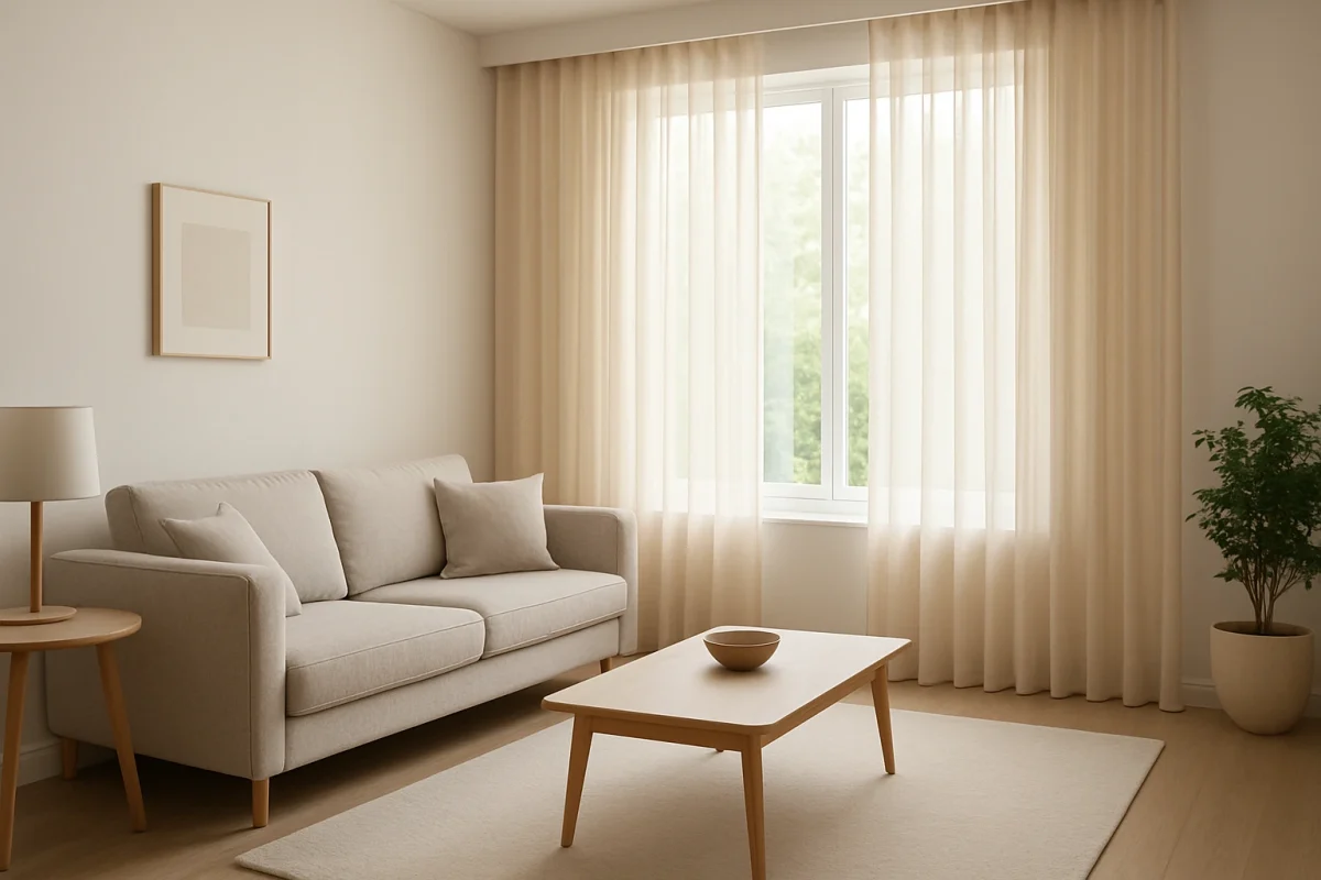 Comedor estilo nórdico con cortinas visillo crudo