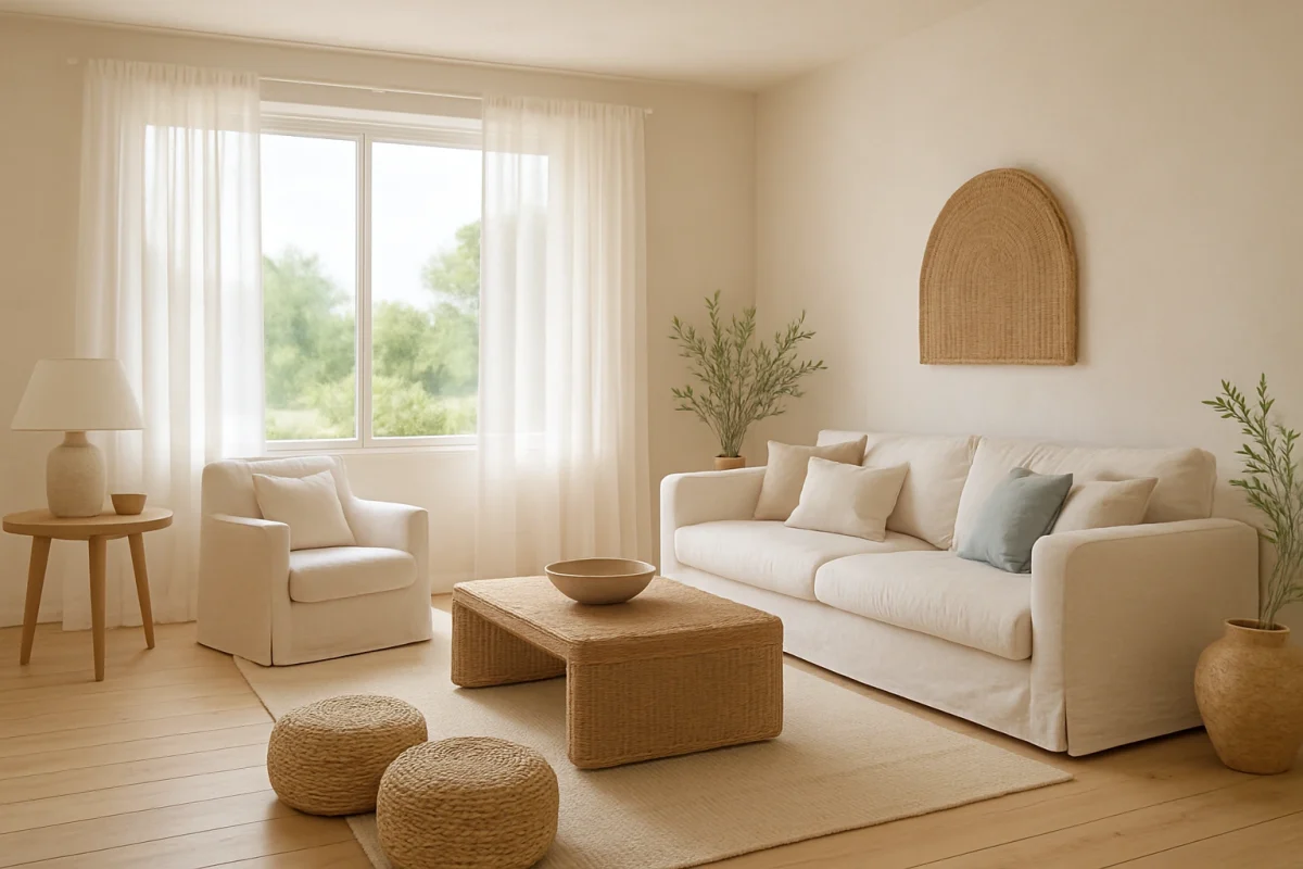 Visillos blancos en salón luminoso con decoración de verano