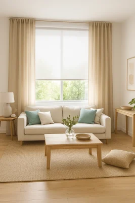 Salón luminoso con estor screen blanco y cortinas de lino beige para verano.