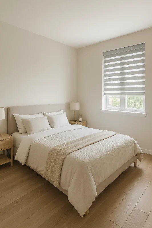 Estor noche y día gris en dormitorio moderno