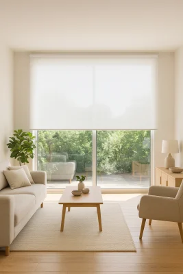 Estor enrollable blanco en salón moderno y luminoso