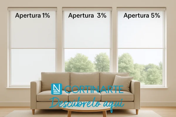 Comparativa de estores screen con apertura 1%, 3% y 5% en ventanas contiguas