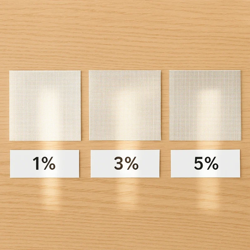 Comparativa de tejidos screen con apertura 1%, 3% y 5% en mesa de muestra