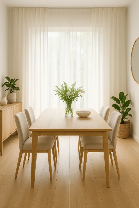 Comedor contemporáneo con visillos color marfil y decoración veraniega