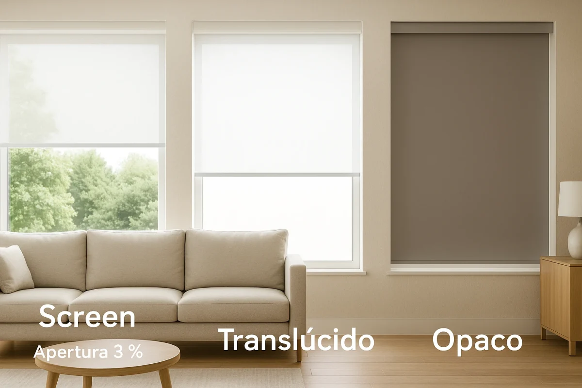 Comparativa de estores screen, translúcido y opaco en salón moderno