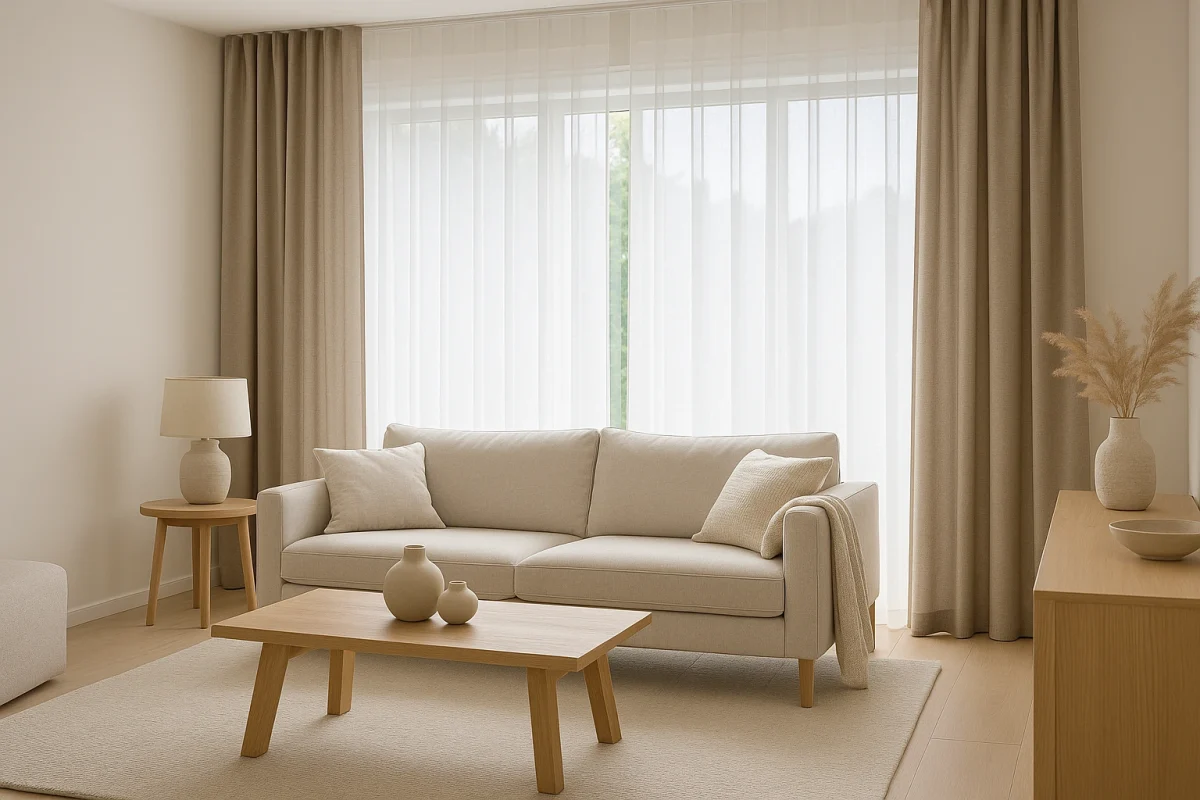 Salón moderno con cortinas visillo y decorativas en tonos neutros
