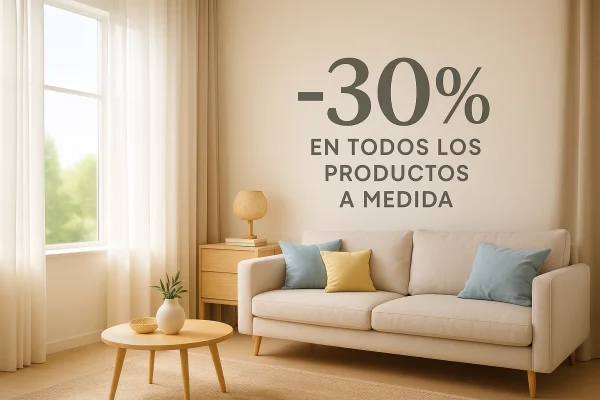 Salón luminoso con cortinas de lino y visillos blancos, promoción -30% Cortinarte