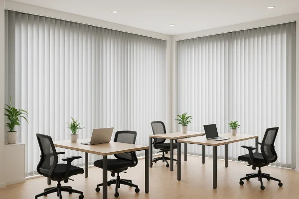 Cortinas verticales de tela gris claro en oficina moderna y luminosa