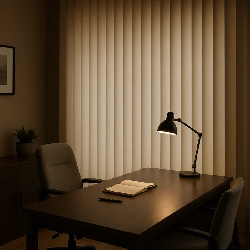 Cortinas verticales opacas beige en despacho privado.