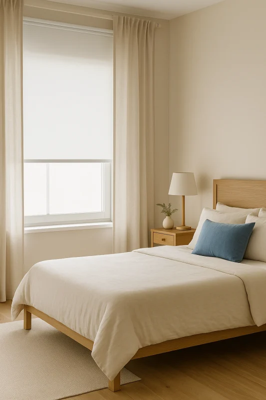 Dormitorio veraniego con estor opaco blanco y cortinas de lino crudo.
