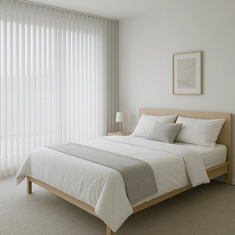 Dormitorio minimalista con cortinas verticales decorativas en el ventanal