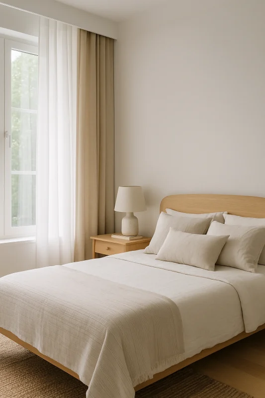 Dormitorio con cortinas ligeras de verano en lino y visillo